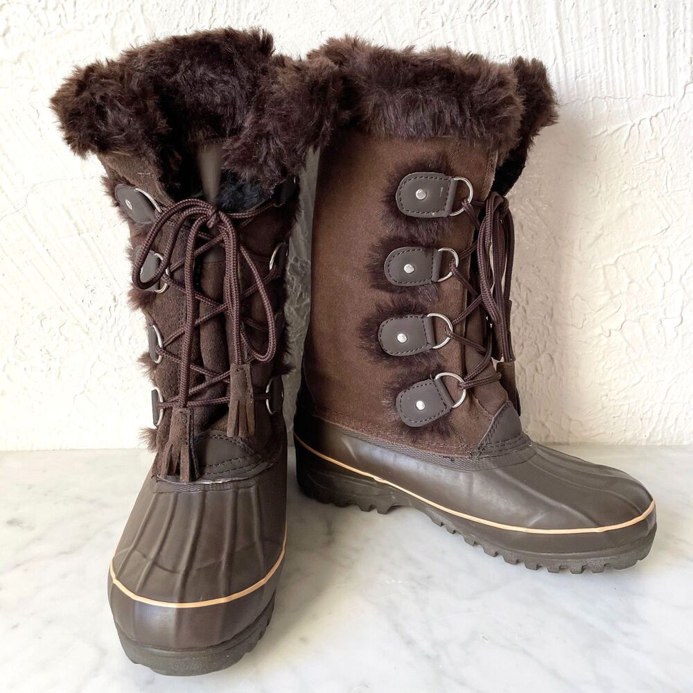 Khombu Nordic Women's 7 Brown Suede Leather Faux Fur Lined Lace Up Boots